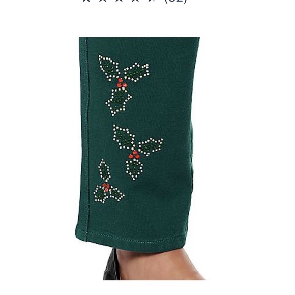 NWT SZ L Quacker Factory Regular DreamJeannes Winter Motif Pants GREEN HOLLY - Picture 8 of 9